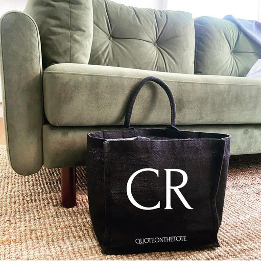 Black jute with white printed initials